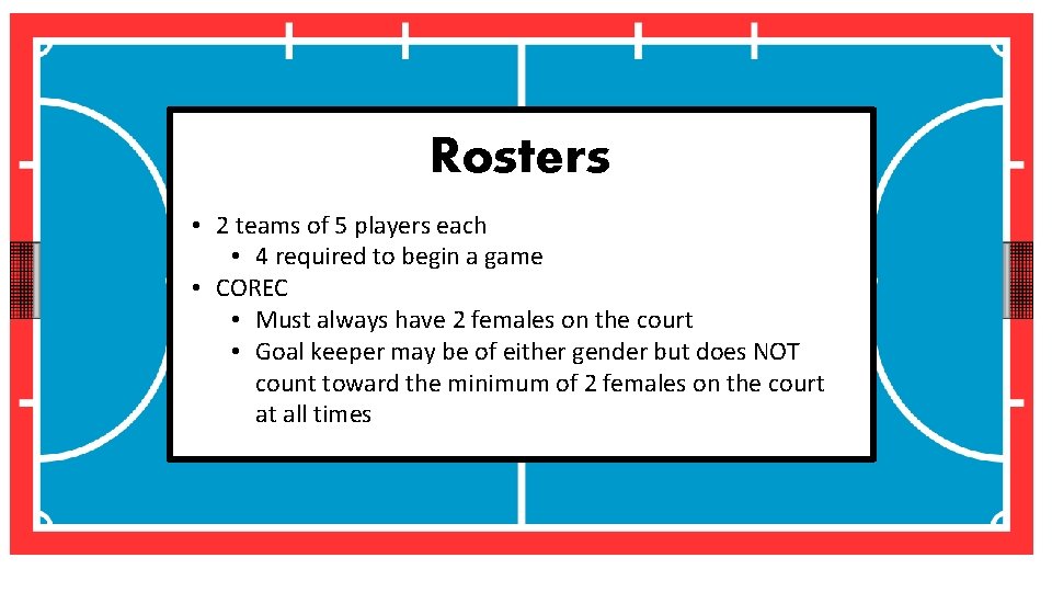 Rosters • 2 teams of 5 players each • 4 required to begin a