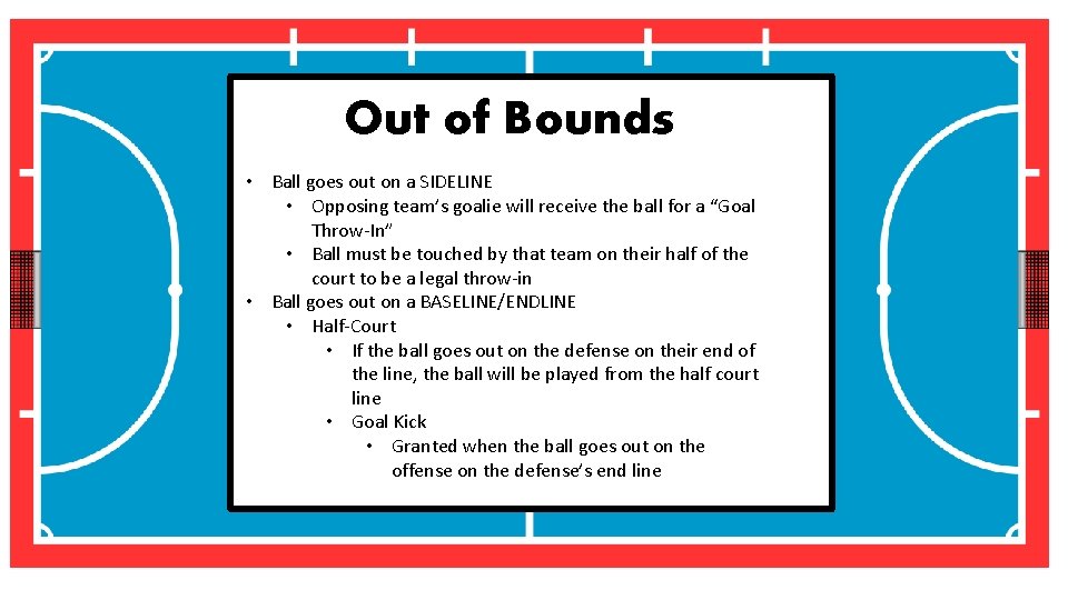 Out of Bounds • Ball goes out on a SIDELINE • Opposing team’s goalie