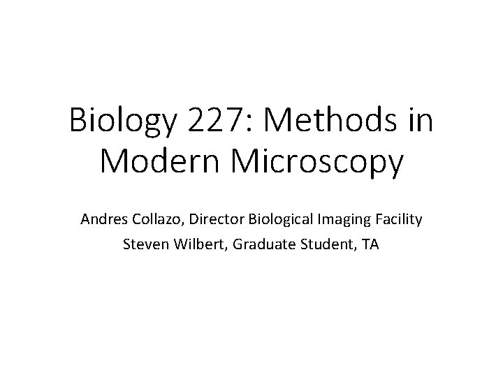Biology 227: Methods in Modern Microscopy Andres Collazo, Director Biological Imaging Facility Steven Wilbert,