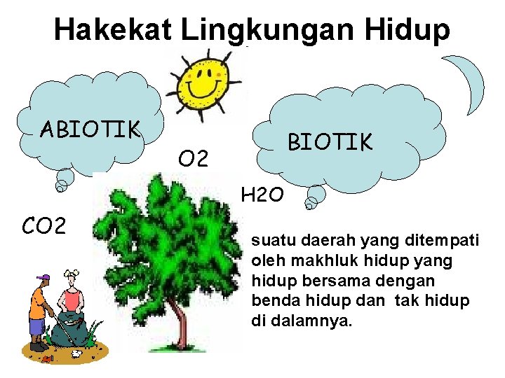 Hakekat Lingkungan Hidup ABIOTIK O 2 H 2 O CO 2 • suatu daerah