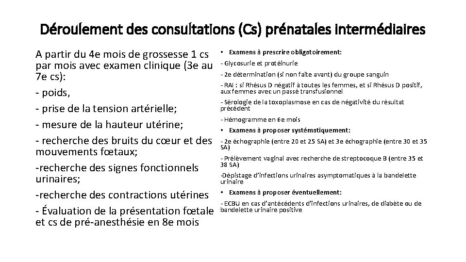 Déroulement des consultations (Cs) prénatales intermédiaires A partir du 4 e mois de grossesse