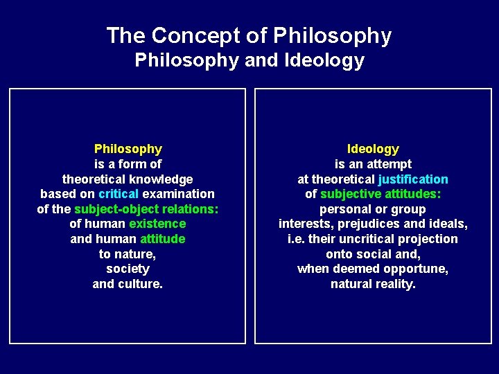 The Concept of Philosophy and Ideology Philosophy is a form of theoretical knowledge based