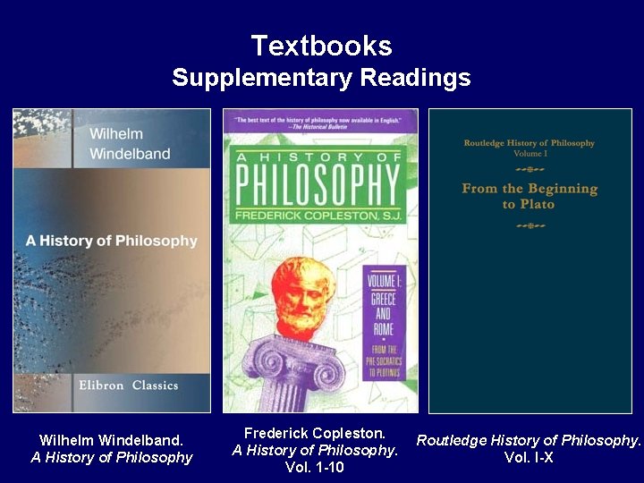 Textbooks Supplementary Readings Wilhelm Windelband. A History of Philosophy Frederick Copleston. A History of