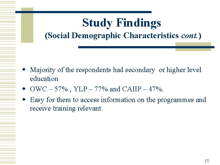 Study Findings (Social Demographic Characteristics cont. ) w Majority of the respondents had secondary