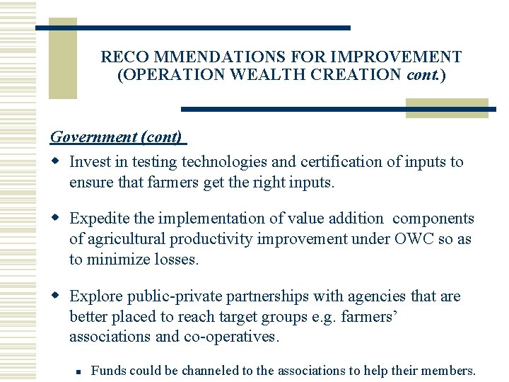 RECO MMENDATIONS FOR IMPROVEMENT (OPERATION WEALTH CREATION cont. ) Government (cont) w Invest in