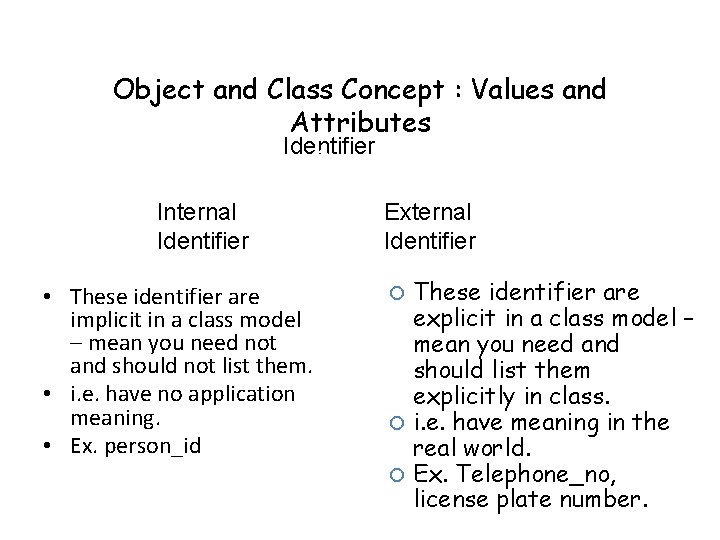 Object and Class Concept : Values and Attributes Identifier Internal Identifier • These identifier
