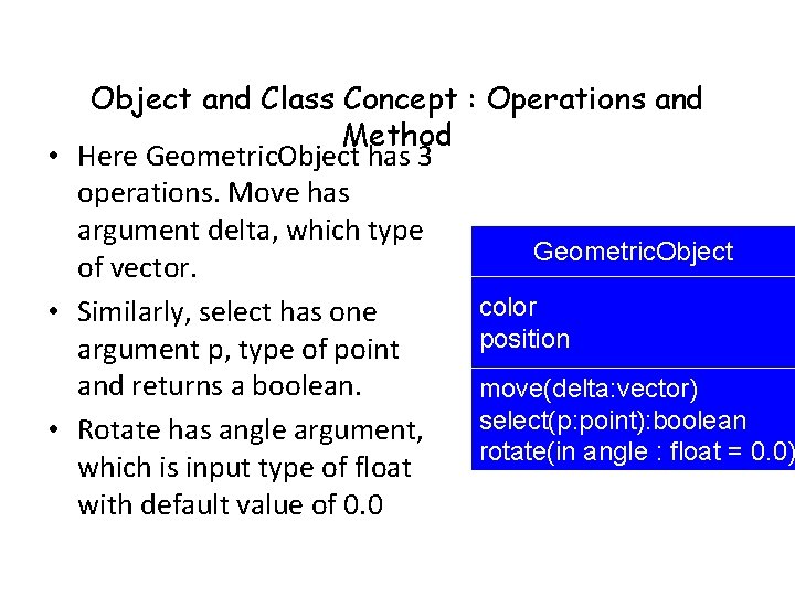 Object and Class Concept : Operations and Method • Here Geometric. Object has 3