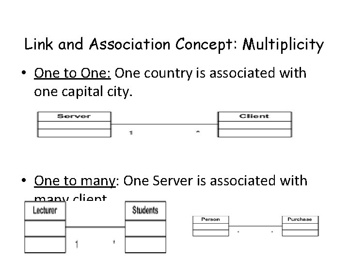 Link and Association Concept: Multiplicity • One to One: One country is associated with