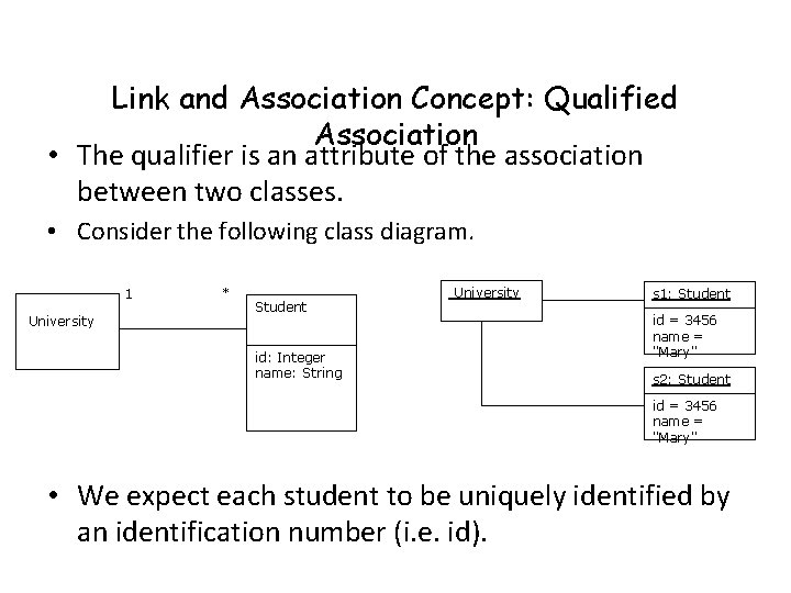 Link and Association Concept: Qualified Association • The qualifier is an attribute of the