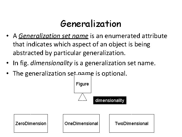 Generalization • A Generalization set name is an enumerated attribute that indicates which aspect