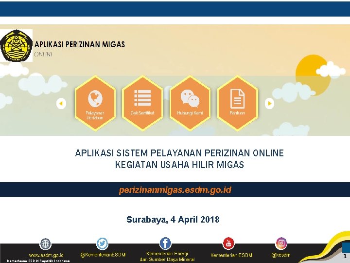 APLIKASI SISTEM PELAYANAN PERIZINAN ONLINE KEGIATAN USAHA HILIR MIGAS perizinanmigas. esdm. go. id Surabaya,