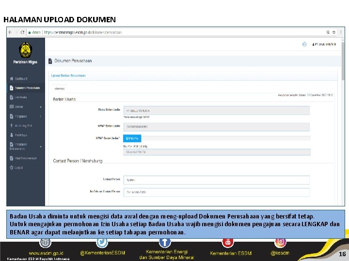 HALAMAN UPLOAD DOKUMEN Badan Usaha diminta untuk mengisi data awal dengan meng-upload Dokumen Perusahaan