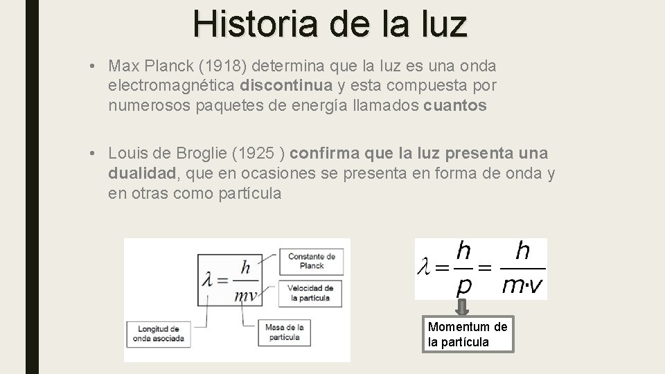 Historia de la luz • Max Planck (1918) determina que la luz es una