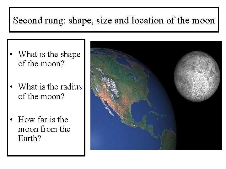 Second rung: shape, size and location of the moon • What is the shape