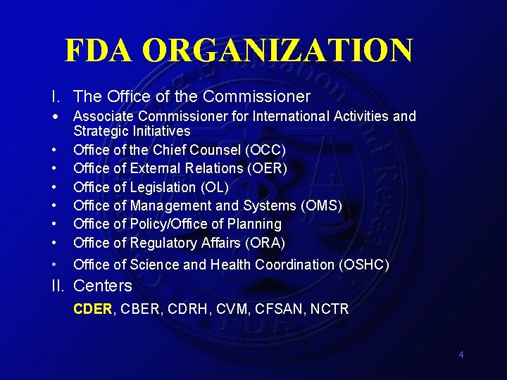 FDA ORGANIZATION I. The Office of the Commissioner • Associate Commissioner for International Activities FDA ORGANIZATION I. The Office of the Commissioner • Associate Commissioner for International Activities