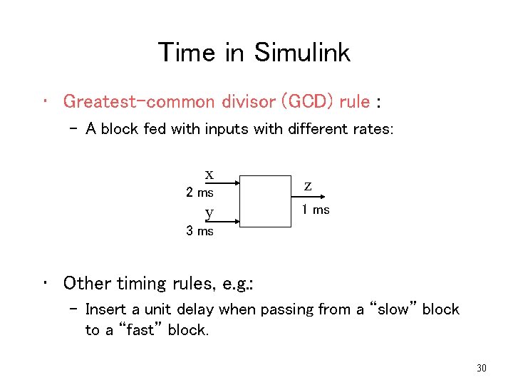 Time in Simulink • Greatest-common divisor (GCD) rule : – A block fed with Time in Simulink • Greatest-common divisor (GCD) rule : – A block fed with