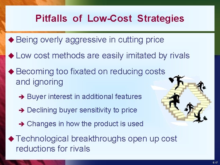 Pitfalls of Low-Cost Strategies u Being u Low overly aggressive in cutting price cost