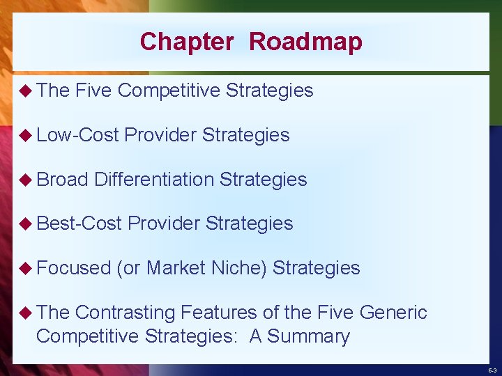 Chapter Roadmap u The Five Competitive Strategies u Low-Cost u Broad Provider Strategies Differentiation