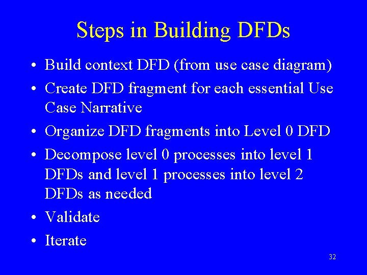 Steps in Building DFDs • Build context DFD (from use case diagram) • Create