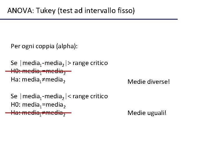 ANOVA: Tukey (test ad intervallo fisso) Per ogni coppia (alpha): Se |media 1 -media