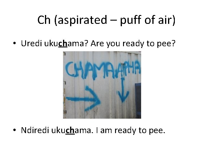 Ch (aspirated – puff of air) • Uredi ukuchama? Are you ready to pee?