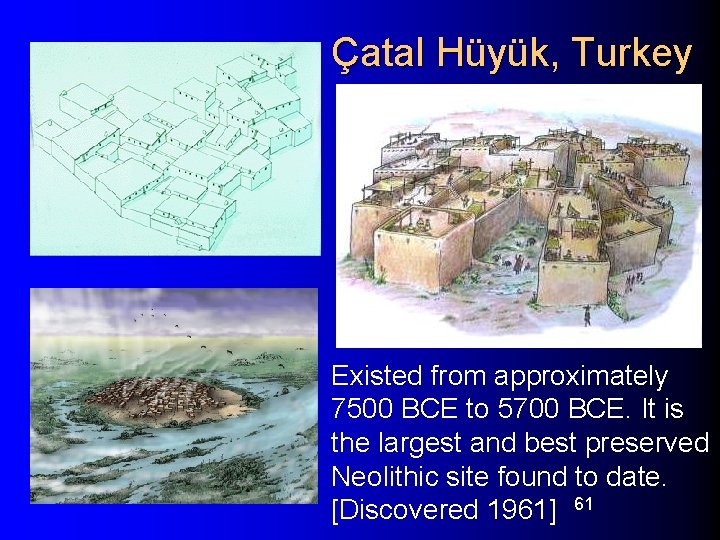Çatal Hüyük, Turkey Existed from approximately 7500 BCE to 5700 BCE. It is the