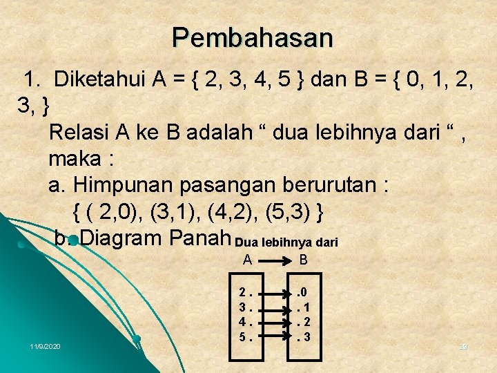 Pembahasan 1. Diketahui A = { 2, 3, 4, 5 } dan B =