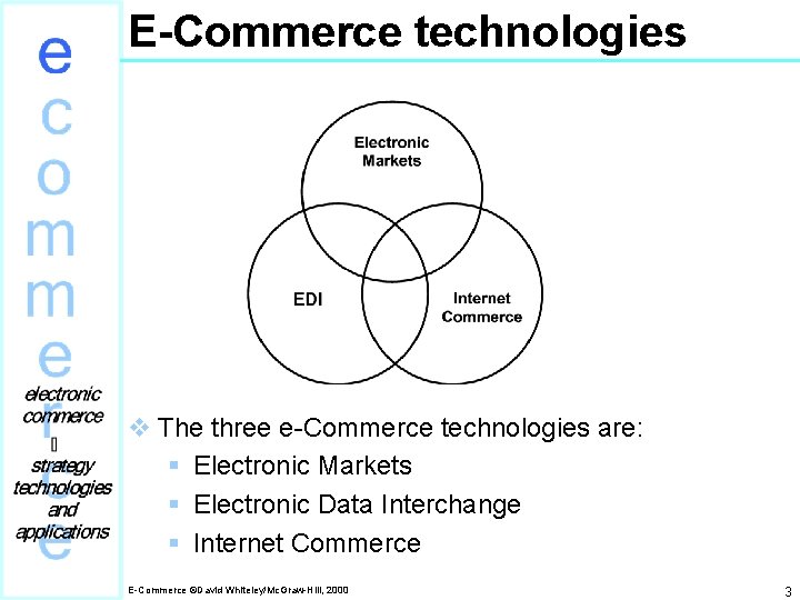 E-Commerce technologies v The three e-Commerce technologies are: § Electronic Markets § Electronic Data
