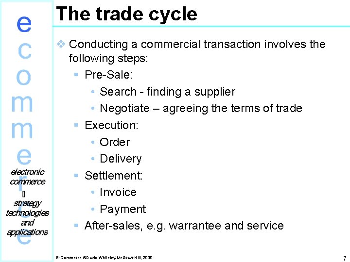 The trade cycle v Conducting a commercial transaction involves the following steps: § Pre-Sale: