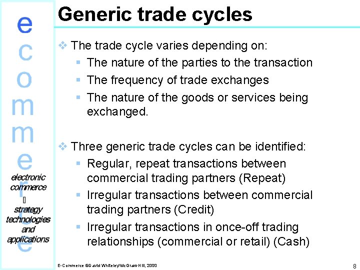 Generic trade cycles v The trade cycle varies depending on: § The nature of