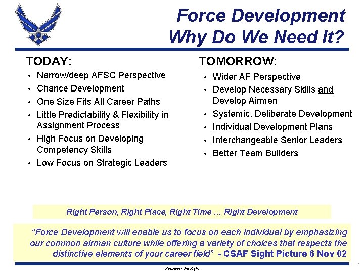 Force Development Why Do We Need It? TODAY: • • • TOMORROW: Narrow/deep AFSC