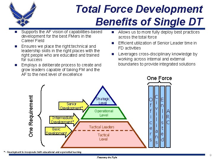 Total Force Development Benefits of Single DT Supports the AF vision of capabilities-based development Total Force Development Benefits of Single DT Supports the AF vision of capabilities-based development