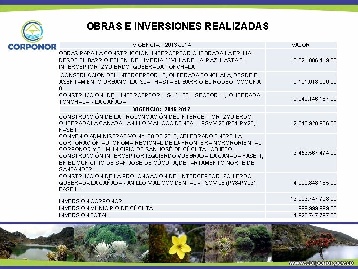 OBRAS E INVERSIONES REALIZADAS VIGENCIA: 2013 -2014 OBRAS PARA LA CONSTRUCCION INTERCEPTOR QUEBRADA LA