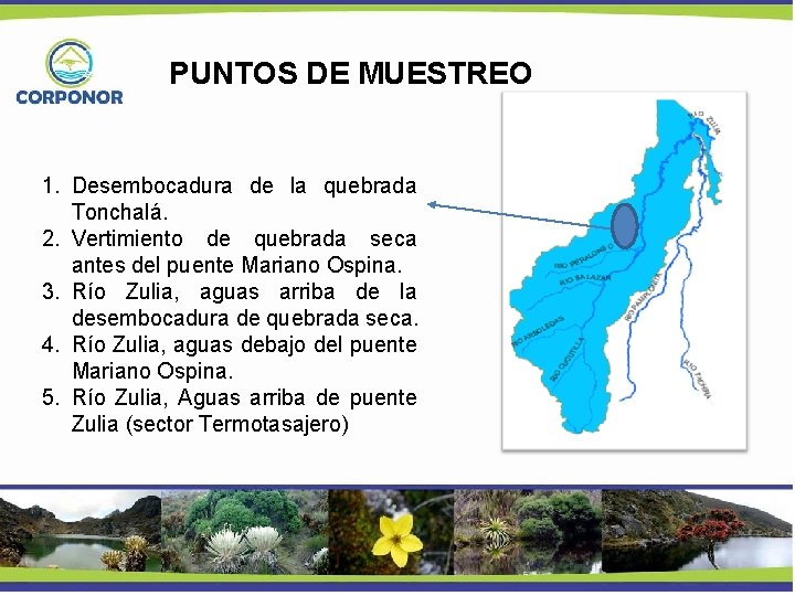 PUNTOS DE MUESTREO 1. Desembocadura de la quebrada Tonchalá. 2. Vertimiento de quebrada seca