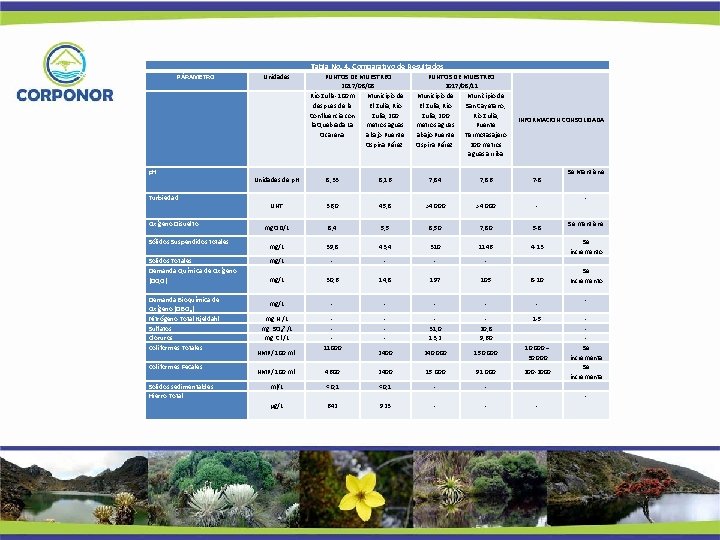Tabla No. 4. Comparativo de Resultados PÁRAMETRO Unidades p. H Turbiedad Oxígeno Disuelto Sólidos