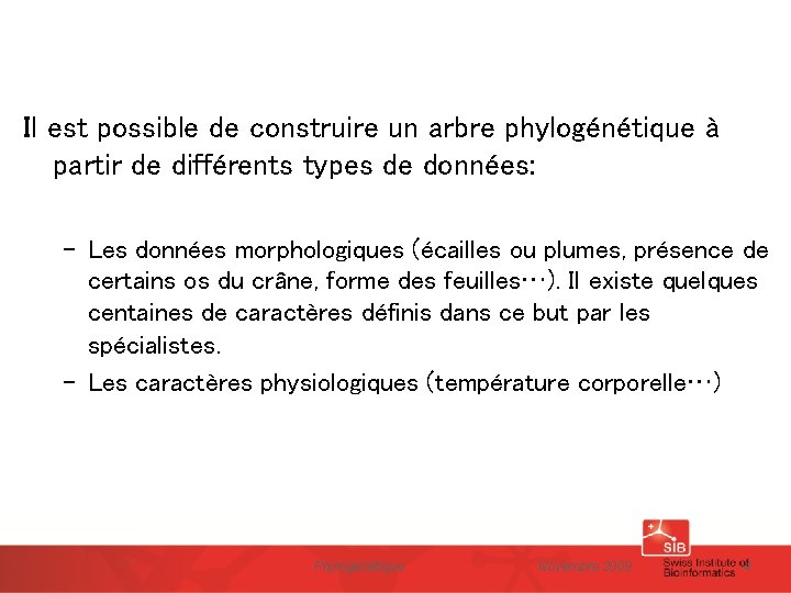 Il est possible de construire un arbre phylogénétique à partir de différents types de