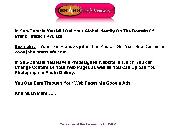 In Sub-Domain You Will Get Your Global Identity On The Domain Of Brans Infotech