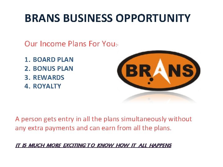 BRANS BUSINESS OPPORTUNITY Our Income Plans For You: 1. 2. 3. 4. BOARD PLAN