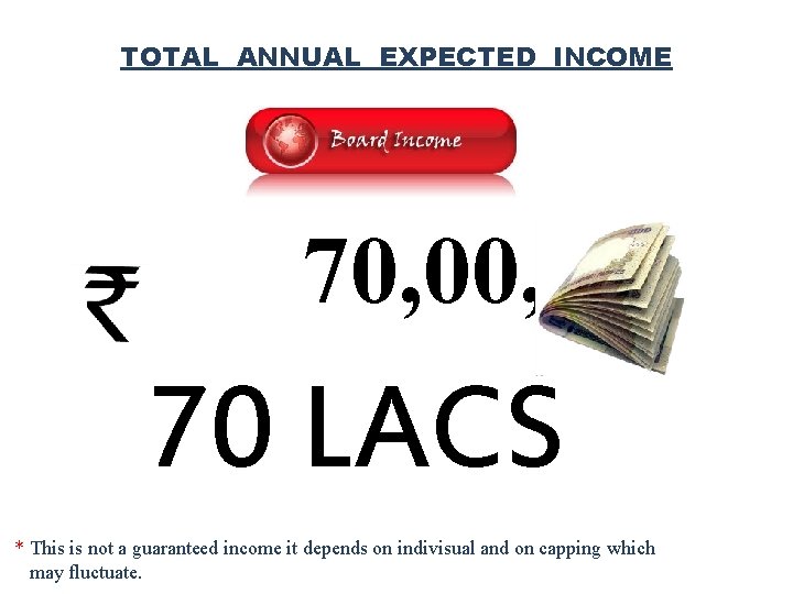 TOTAL ANNUAL EXPECTED INCOME 70, 000 70 LACS * This is not a guaranteed