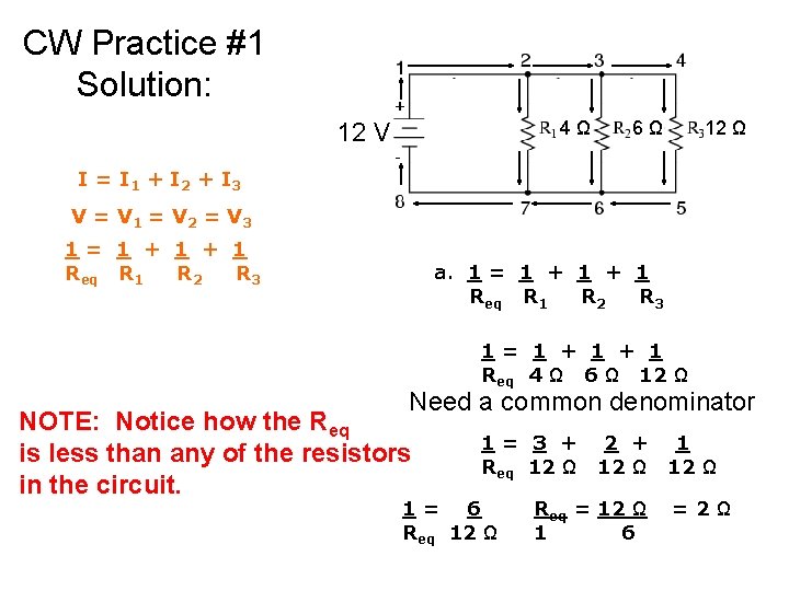 CW Practice #1 Solution: 4 Ω 12 V 6 Ω 12 Ω I =