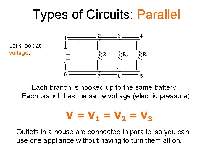 Types of Circuits: Parallel Let’s look at voltage: Each branch is hooked up to