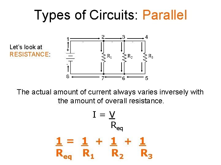 Types of Circuits: Parallel Let’s look at RESISTANCE: The actual amount of current always