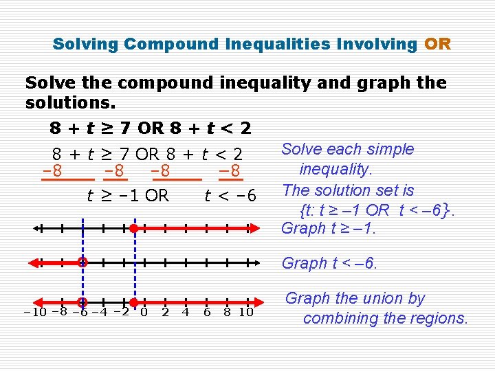 Solving Compound Inequalities Involving OR Solve the compound inequality and graph the solutions. 8