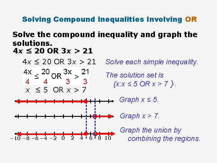 Solving Compound Inequalities Involving OR Solve the compound inequality and graph the solutions. 4