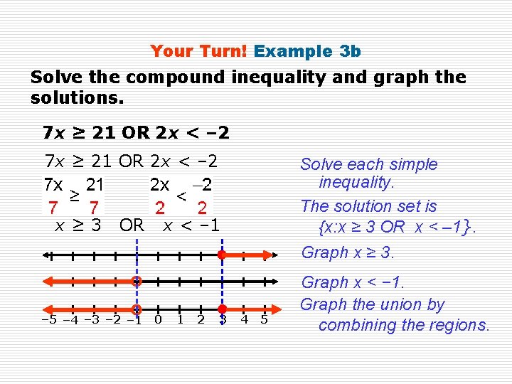 Your Turn! Example 3 b Solve the compound inequality and graph the solutions. 7