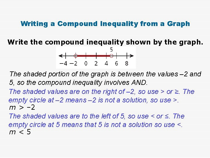 Writing a Compound Inequality from a Graph Write the compound inequality shown by the