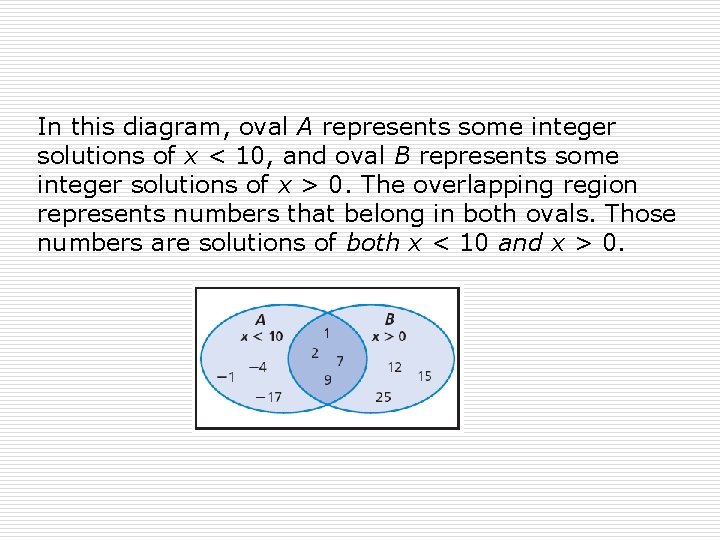 In this diagram, oval A represents some integer solutions of x < 10, and