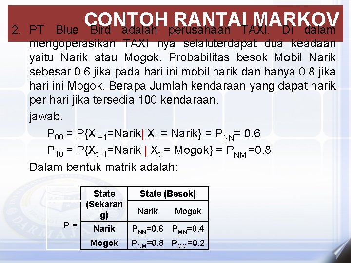 CONTOH RANTAI MARKOV Blue Bird adalah perusahaan TAXI. Di dalam 2. PT mengoperasikan TAXI