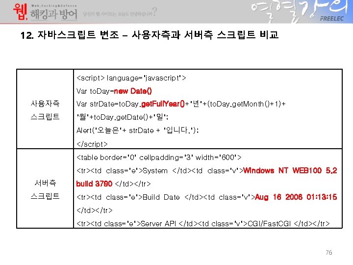 12. 자바스크립트 변조 – 사용자측과 서버측 스크립트 비교 <script> language="javascript"> Var to. Day=new Date() 12. 자바스크립트 변조 – 사용자측과 서버측 스크립트 비교 <script> language="javascript"> Var to. Day=new Date()