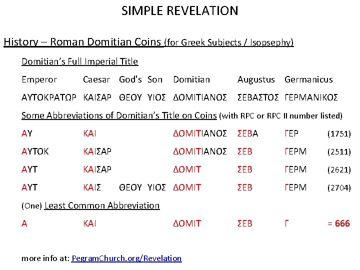 SIMPLE REVELATION History – Roman Domitian Coins (for Greek Subjects / Isopsephy) Domitian’s Full